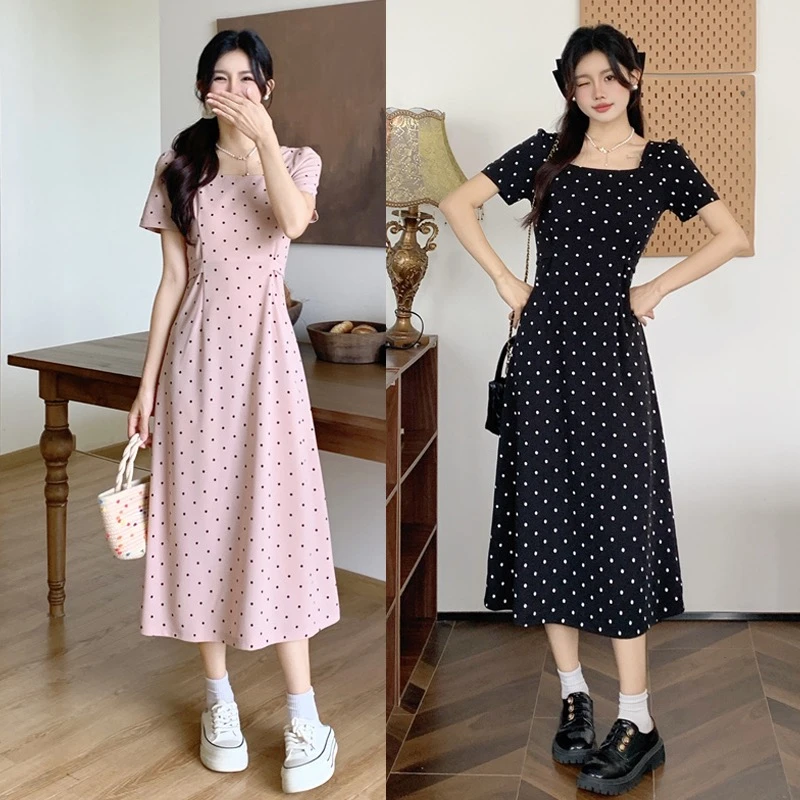 6528-夏季新款大码女装胖MM短袖显瘦遮肚子波点连衣裙