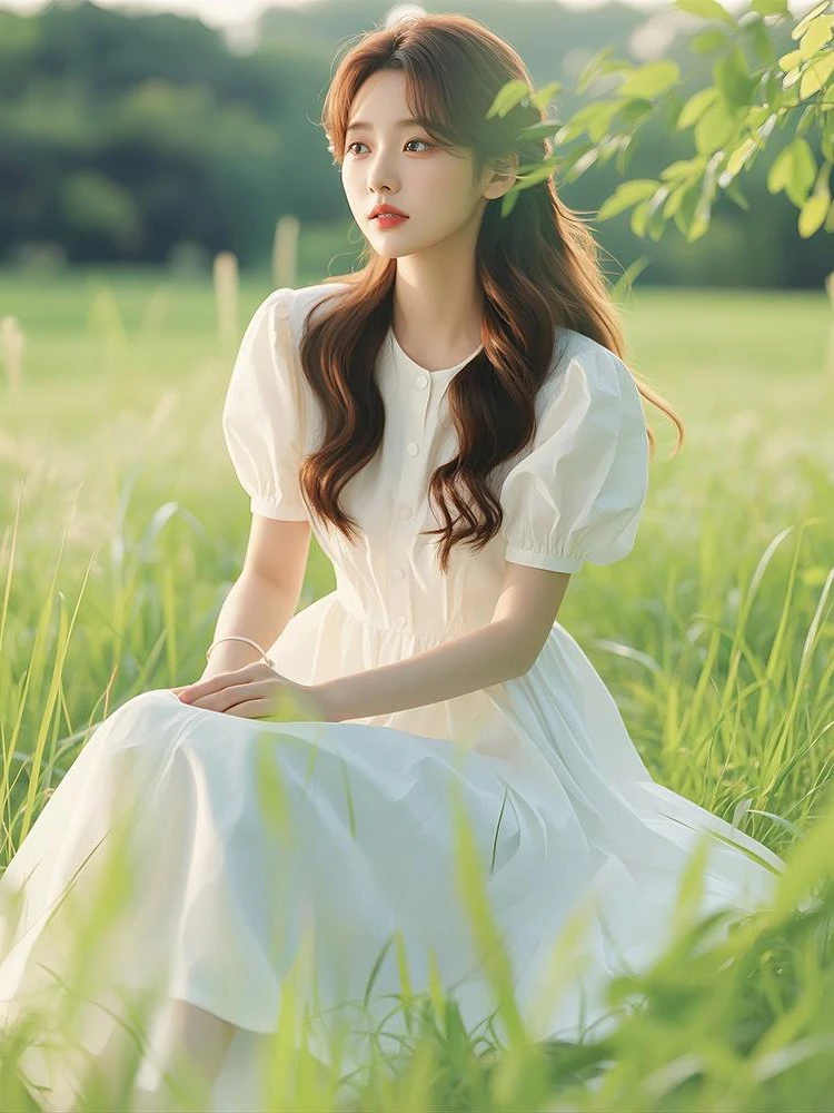 白色娃娃领连衣裙女夏轻奢高级感气质绝美女神范名媛法式温柔长裙