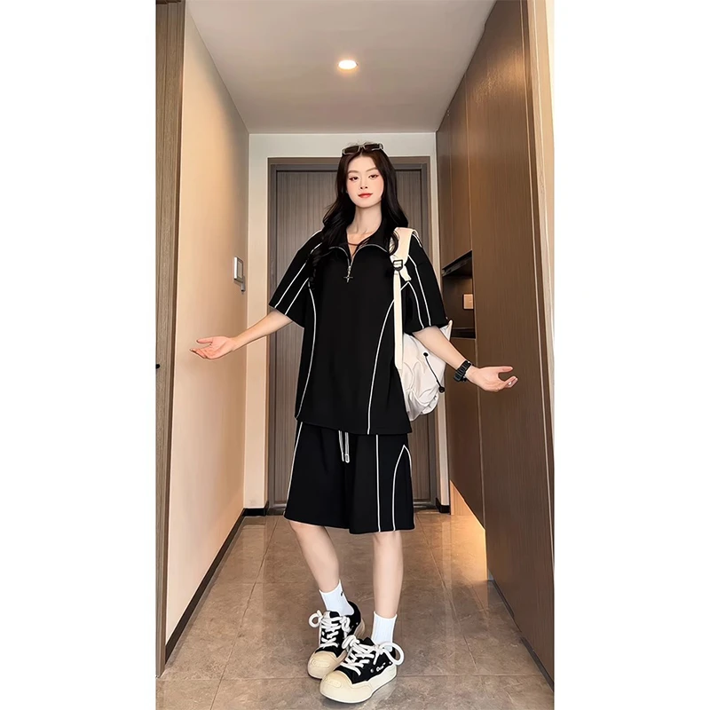 条纹Polo短袖短裤套装男生酷帅穿搭一套休闲运动服夏季半拉链t恤