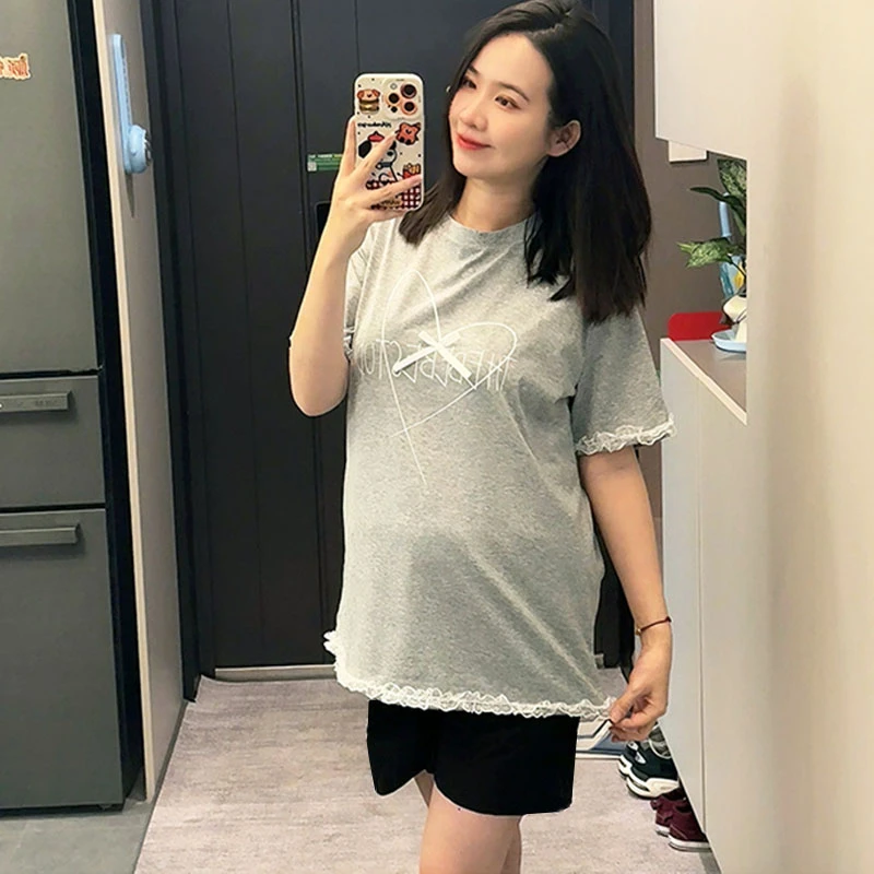 孕妇T恤夏装新款时尚减龄蕾丝花边夏季短袖字母休闲孕期宽松上衣