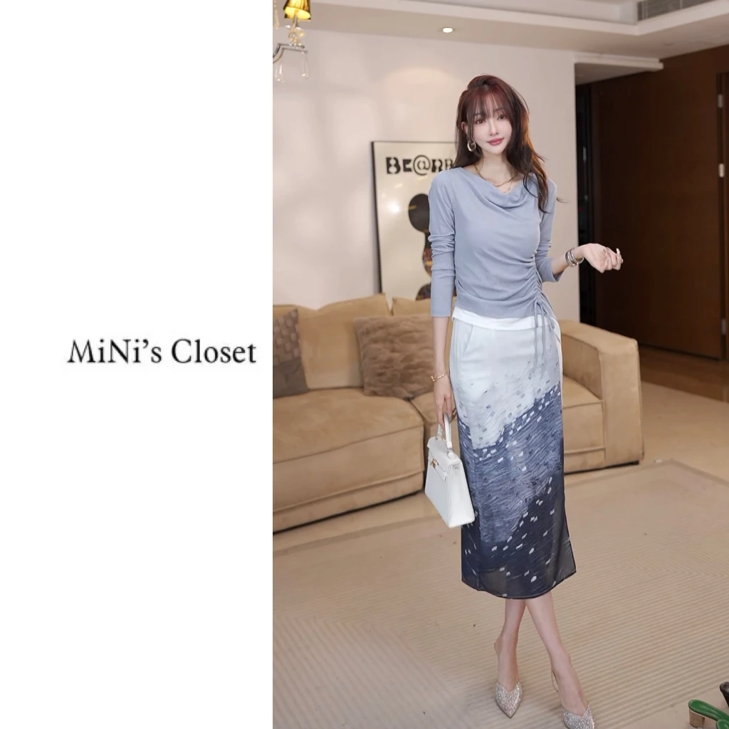 【颜域倾城】时尚撞色长款半裙高级感独特设计感半身裙套装女JE2306