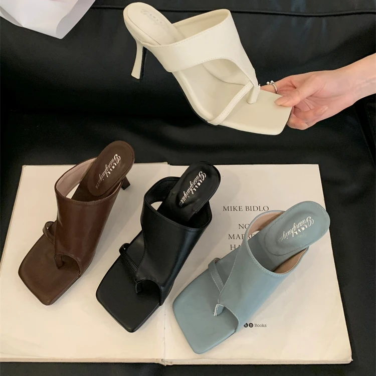 小众复古方头半拖露趾高跟凉鞋女2025新款夏季外穿细跟夹趾凉拖鞋