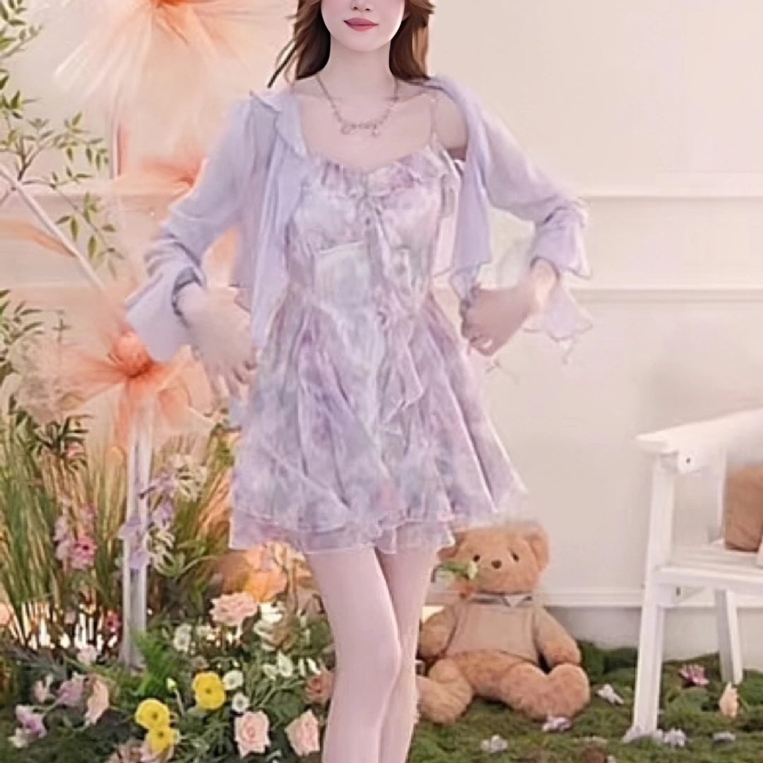 法式碎花连衣裙女夏气质紫色独特漂亮吊带裙配防晒开衫两件套装