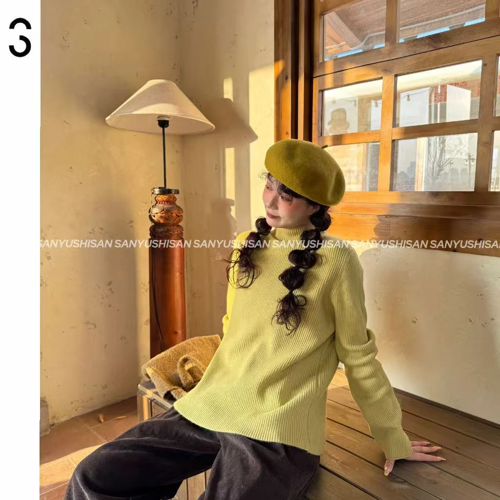 三与十三|山茶花|纯色加绒打底衫半高领百搭休闲简约针织打底syss