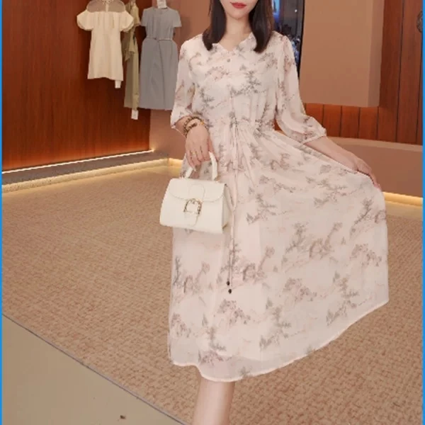 图运费补贴（黛影云裳）2025年蚕丝扎染印花高腰显高显瘦气质连衣裙