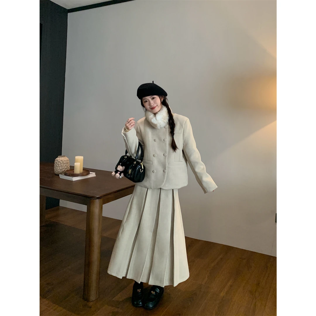 小香风套装法式富家千金感加棉毛呢外套女装高腰半身裙时尚两件套