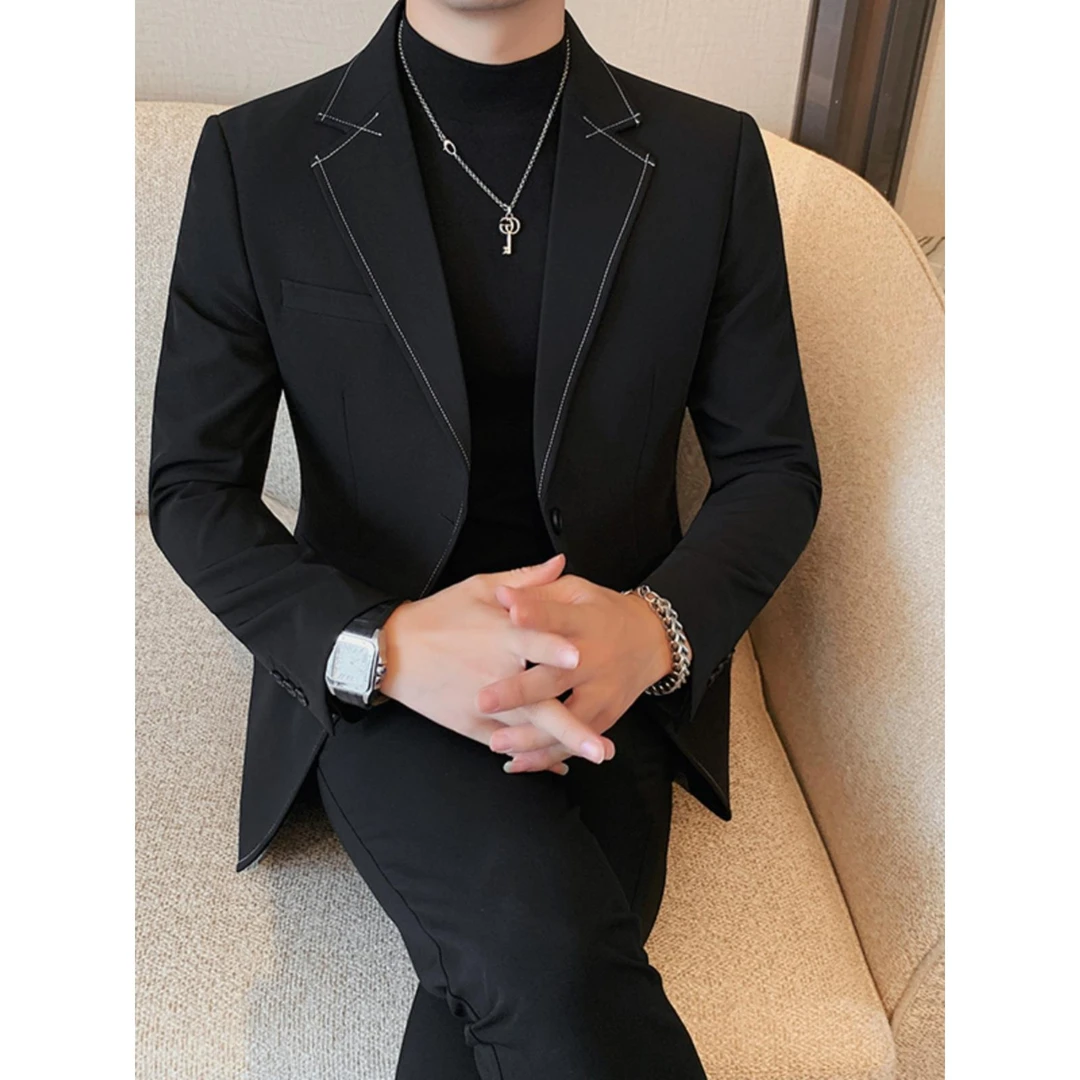 灏吉弧小西装男士高端修身韩式时髦帅气单套上衣秋季英式夹克