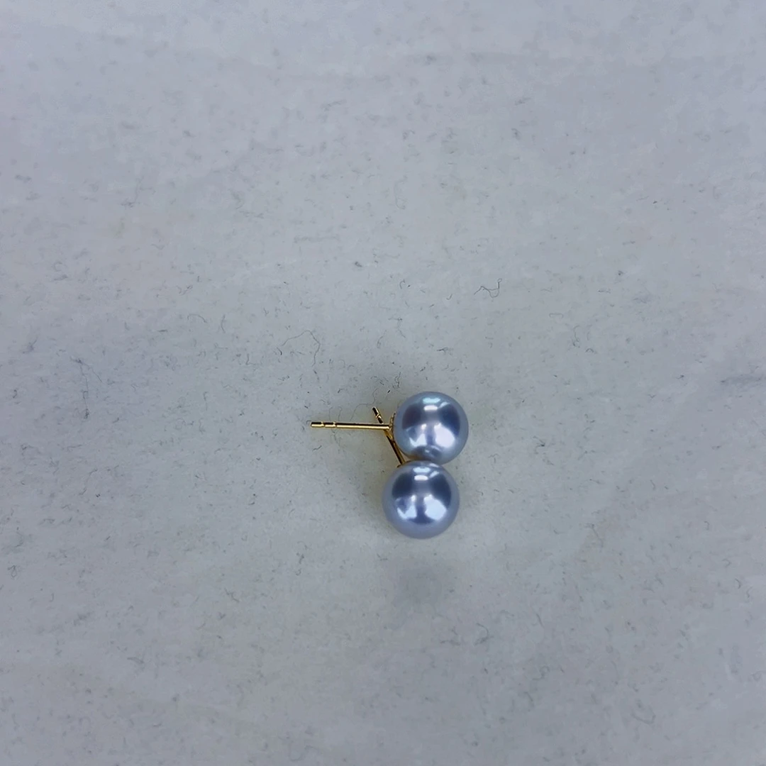 海水珍珠海水akoya真多麻色耳钉8-8.5mm18K金镶嵌