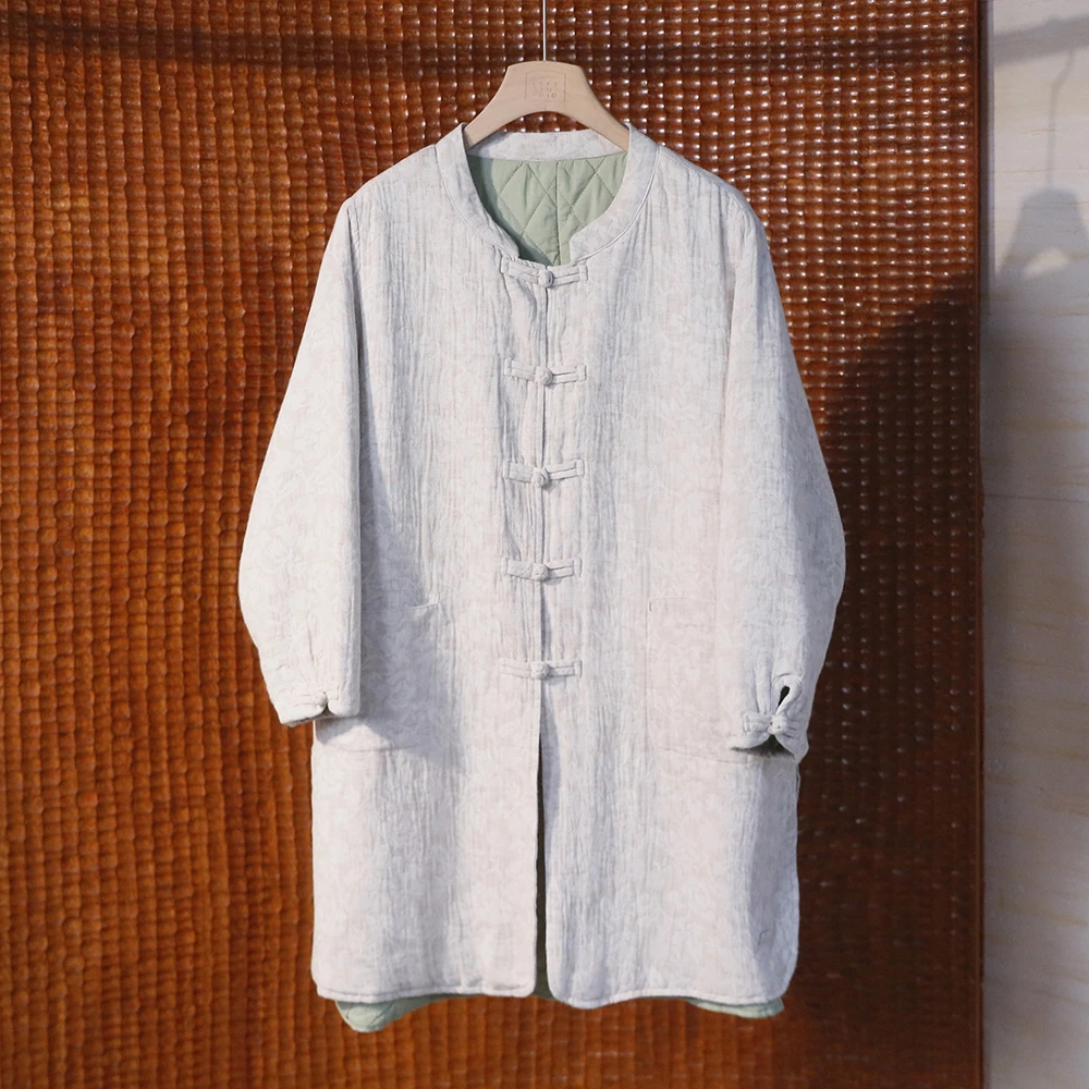 新中式国风夹棉加厚提花棉麻中长款棉服 保暖棉衣外套 4SP318