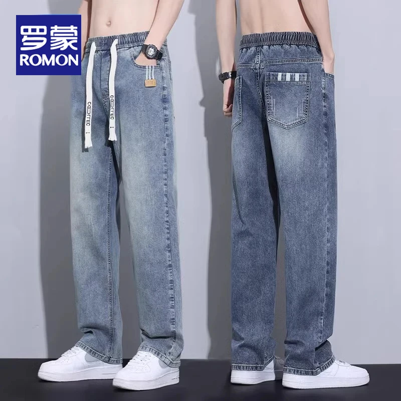罗蒙牛仔裤男款2025夏季薄款抽绳百搭显瘦复古宽松直筒户外长裤男