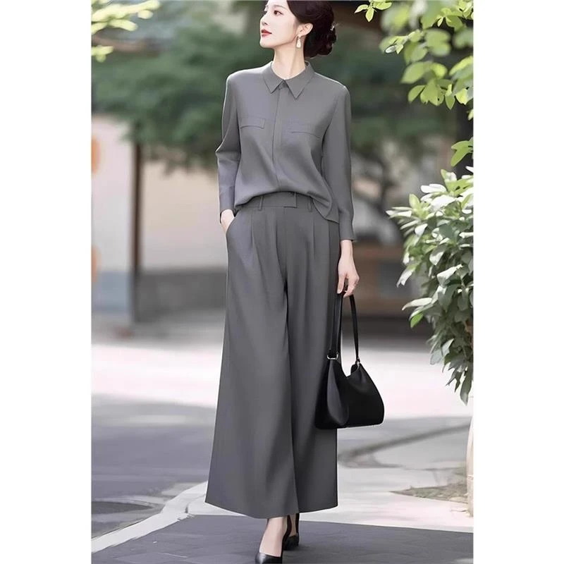 开春穿搭一整套轻奢高级感干练气质气场强大灰色衬衫女套装夏装
