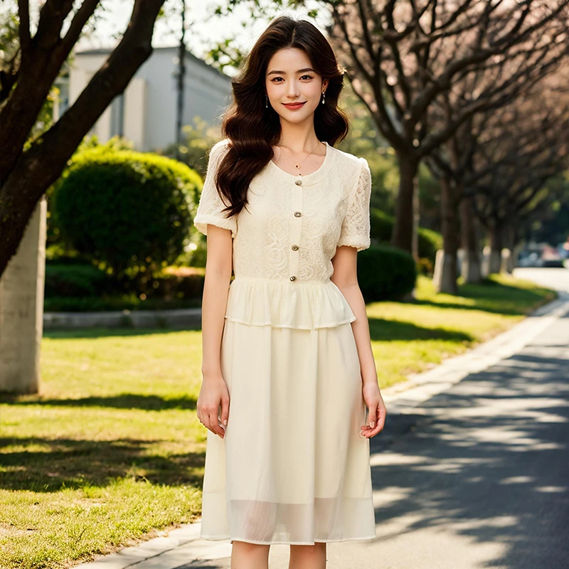 奢姿大码女装2025新款夏季显瘦时尚小香风提花拼接假两件连衣裙