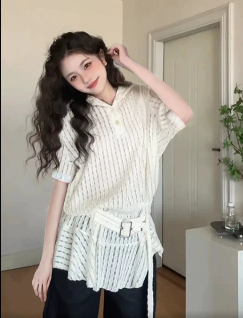 2025新款大码夏季设计感镂空连帽卫衣胖MM法式宽松白色针织上衣女