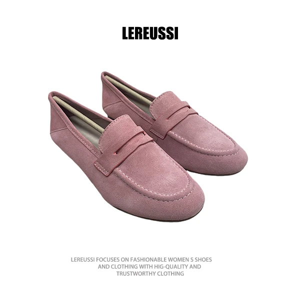 LEREUSSI外贸时尚乐福鞋女软真牛皮中跟粗跟粉色豆豆鞋子2025新款