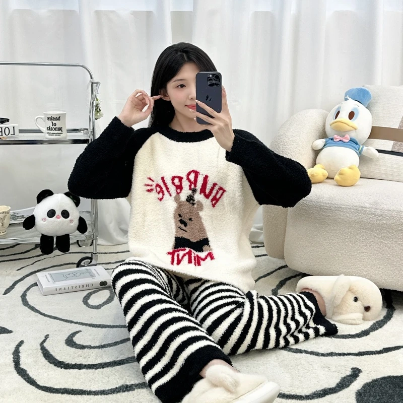 可爱睡衣女款秋冬季小熊半边绒女圆领家居服套头套装加绒加厚新款