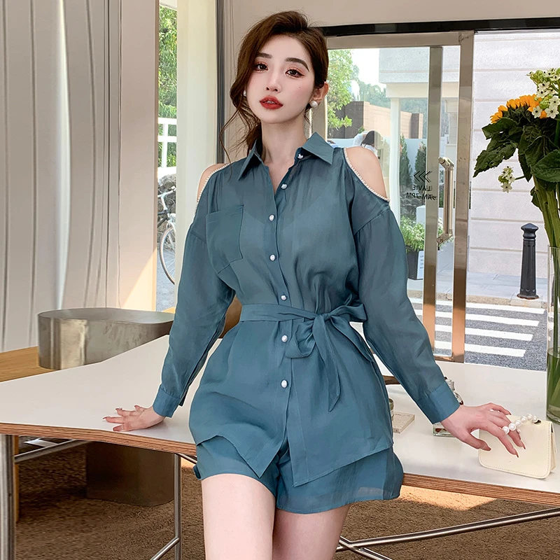 休闲风简约通勤韩版时尚套装套装收腰衬衣唐风美学衬衫显瘦气质