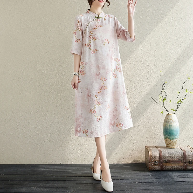 2025夏季新中式国风苎麻立领改良旗袍连衣裙复古斜襟设计感裙子