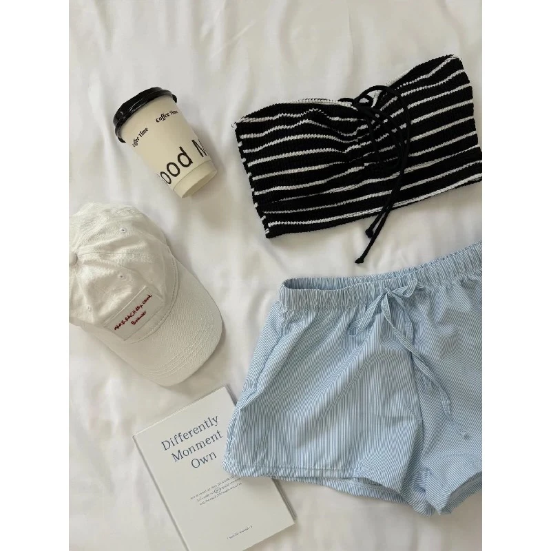 新款条纹比基尼抹胸挂脖分体游泳衣女沙滩裤辣妹性感海边夏外穿