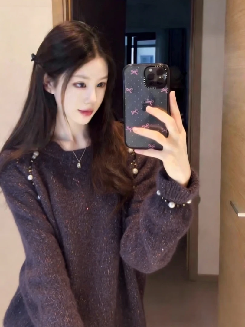 【现货】韩系高级感气质软糯珍珠毛衣女2025秋冬新款百搭长袖针织衫