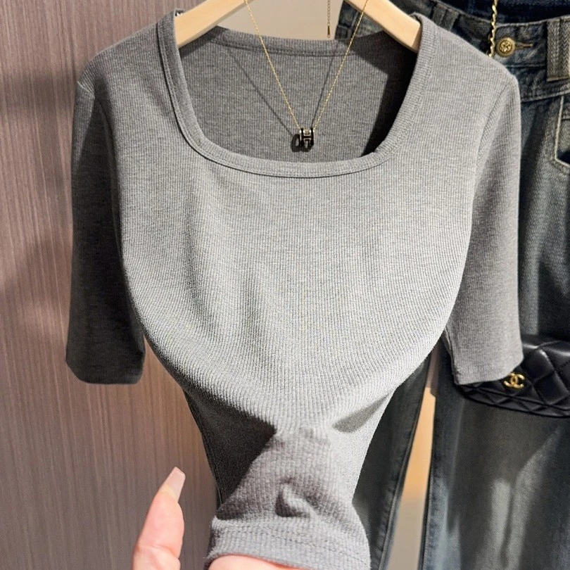 正肩灰色短袖T恤女夏季新款美式时尚修身显瘦百搭打底衫内搭上衣
