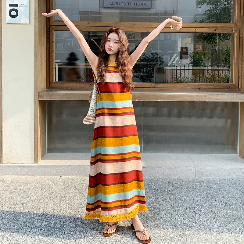 港风复古慵懒风撞色条纹流苏背心连衣裙2025夏季新款温柔气质长裙