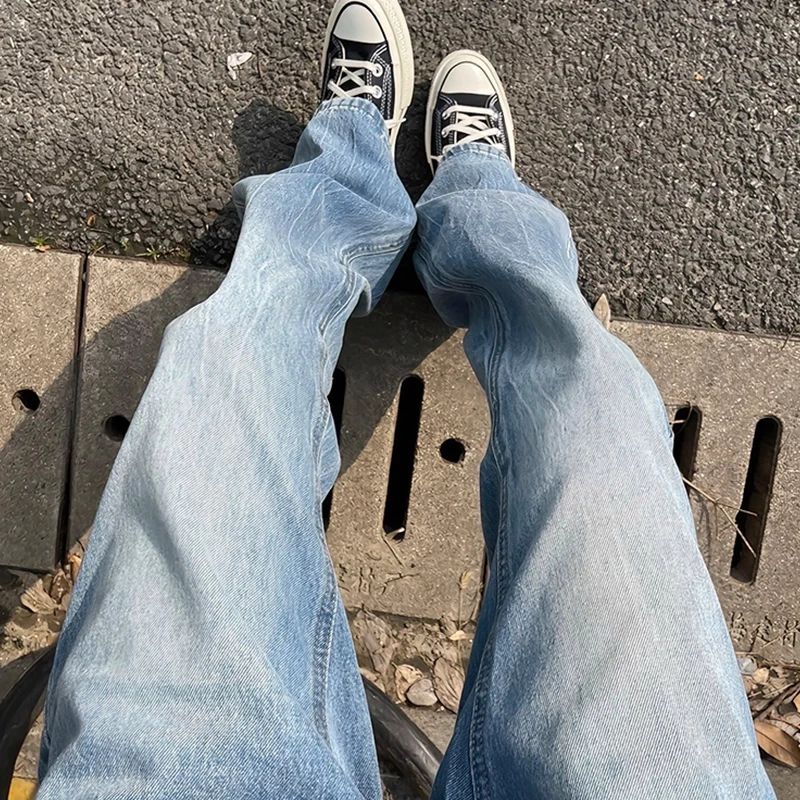 cleanfit蓝色牛仔裤男生夏季修身显高微喇裤闪电纹高级感休闲长裤