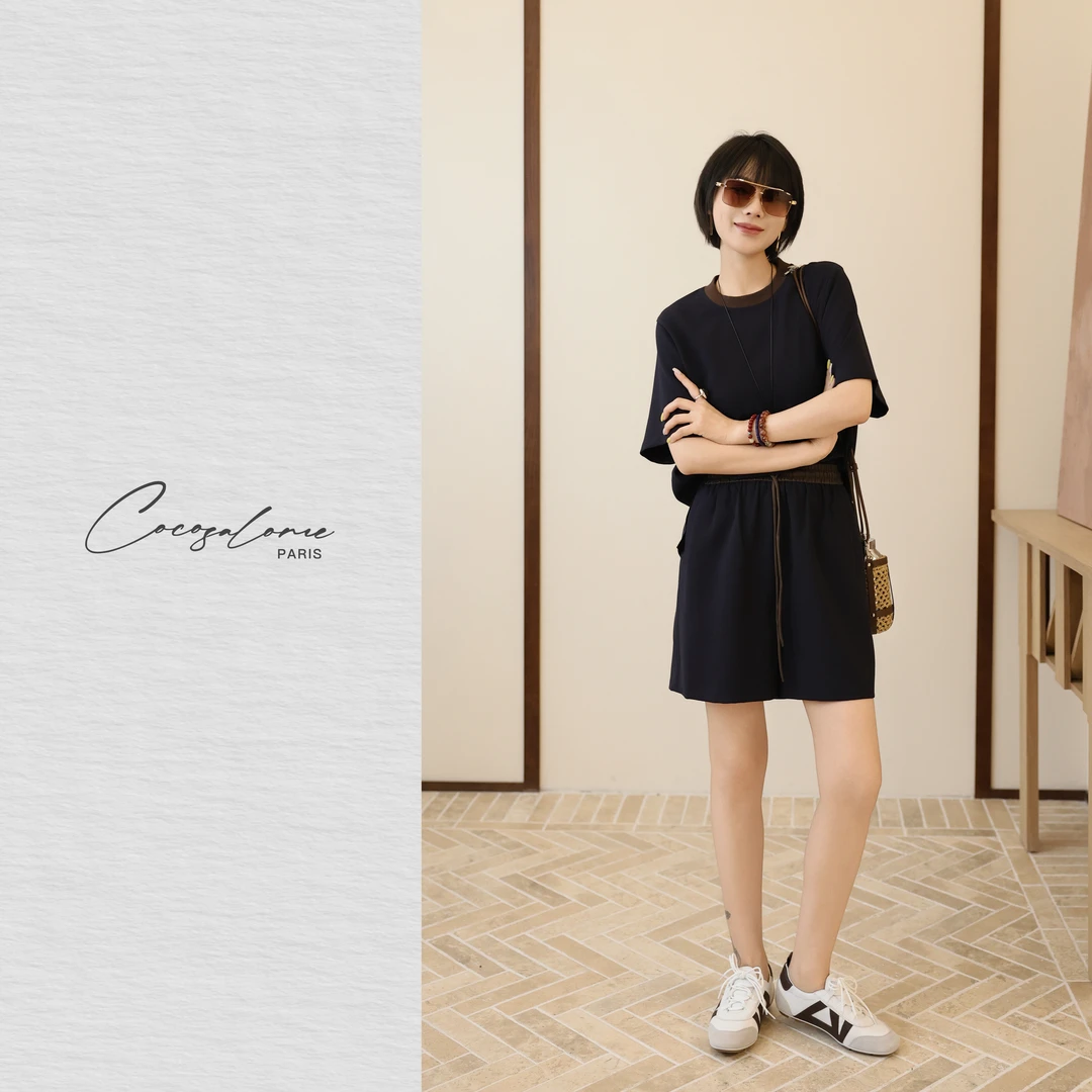 韩彬彬"撞色螺纹"夏季轻薄透气醋酸宽松百搭黑色套装1808-(10)