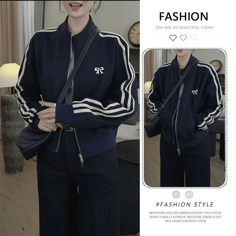 美式复古三条杠短款立领棒球服外套女春秋新款休闲百搭夹克上衣潮