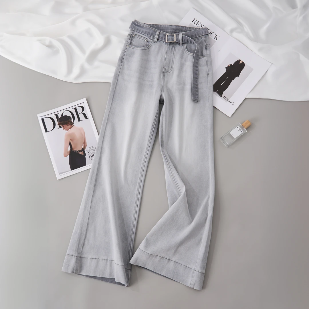 2025新款莫兰迪风高腰轻职春季长裤做旧牛仔裤直筒裤阔腿裤5523