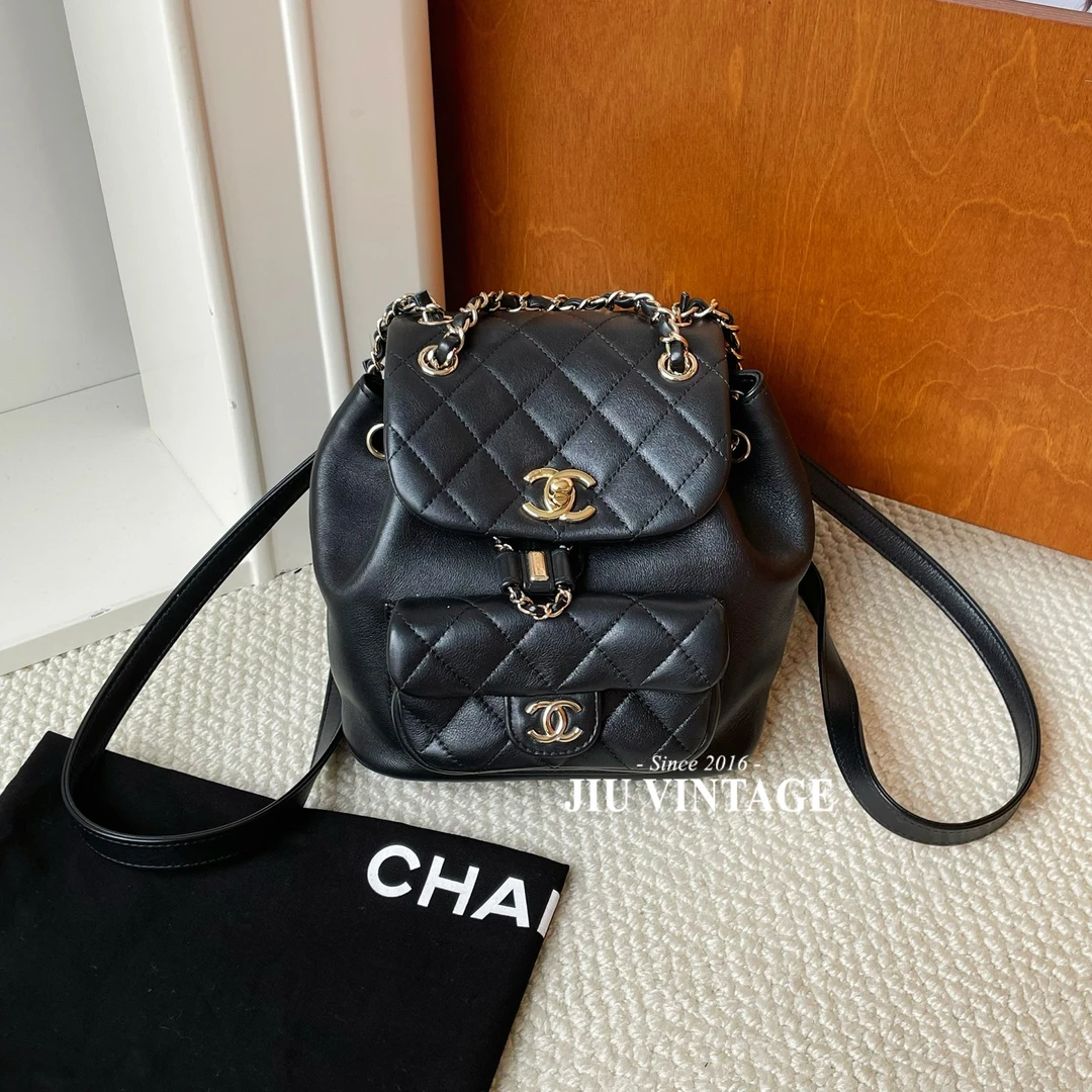 99新 Chanel/香奈儿 24p 黑金小号duma双肩包BJM13-0860