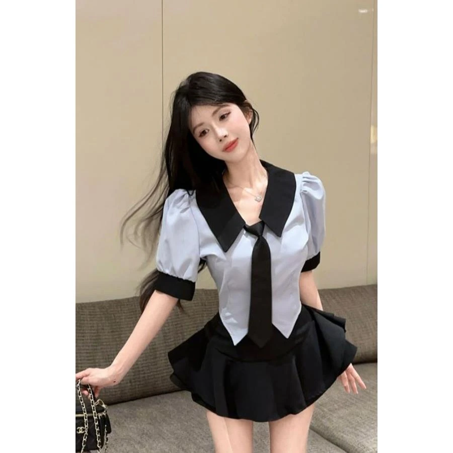 学院夏季制服套装短袖上衣蛋糕衬衫蓬蓬辣妹高腰短裙两件套