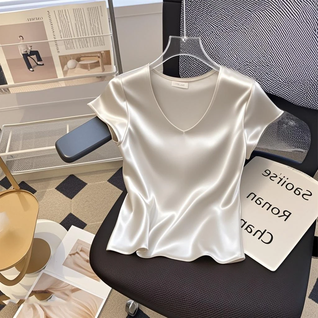 法式气质V领纯色缎面醋酸短袖T恤女夏季设计感宽松时尚百搭上衣潮
