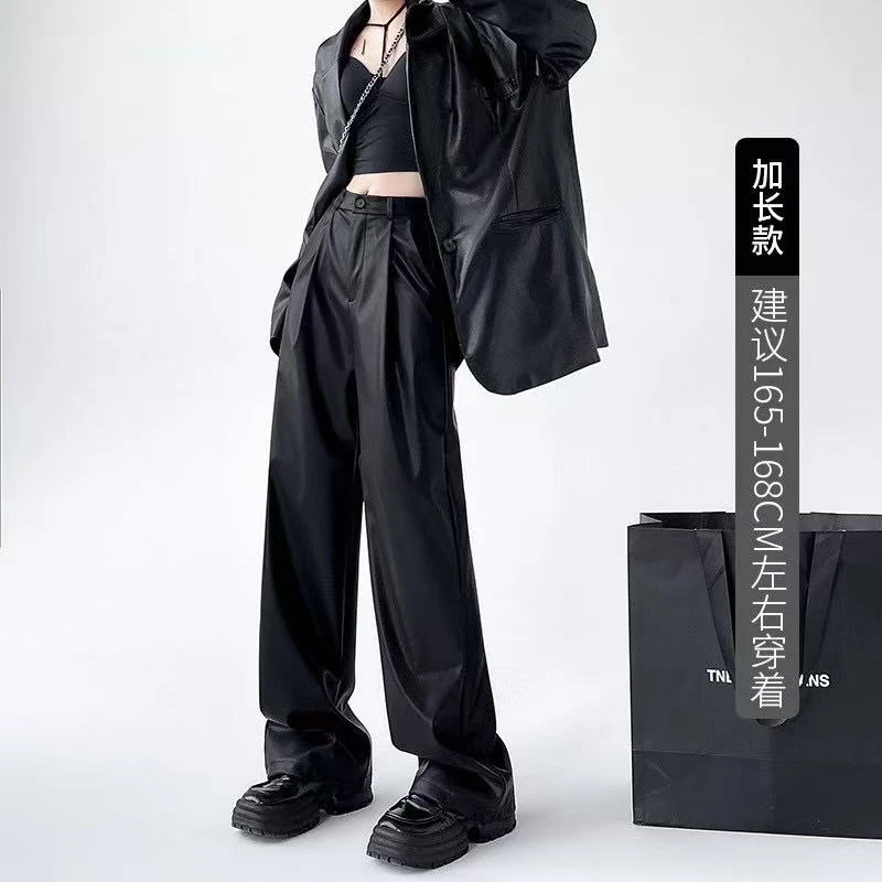 美式PU皮裤女装裤子秋冬女新款高腰垂感休闲直筒裤宽松西装阔腿裤
