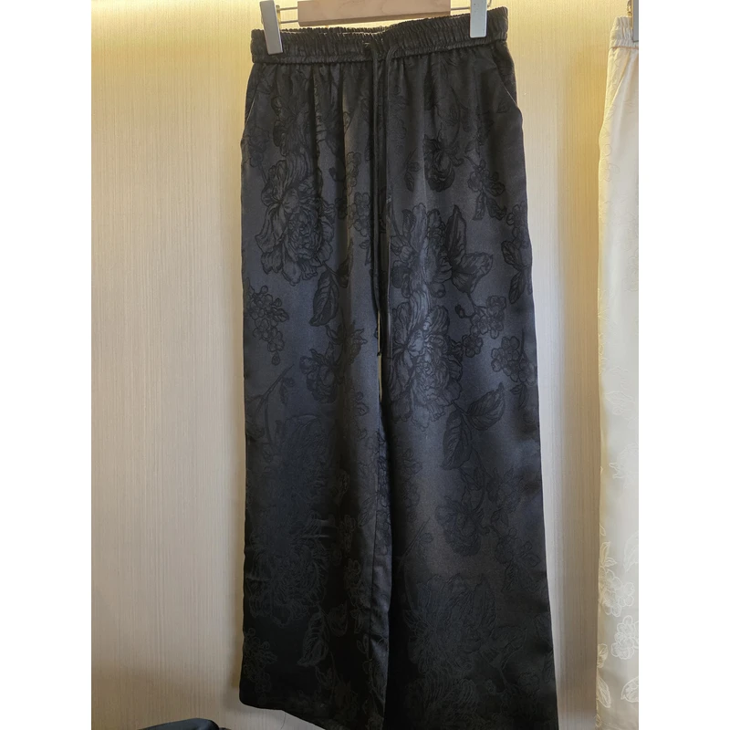 高腰松紧直筒裤提花休闲裤女装气质夏季