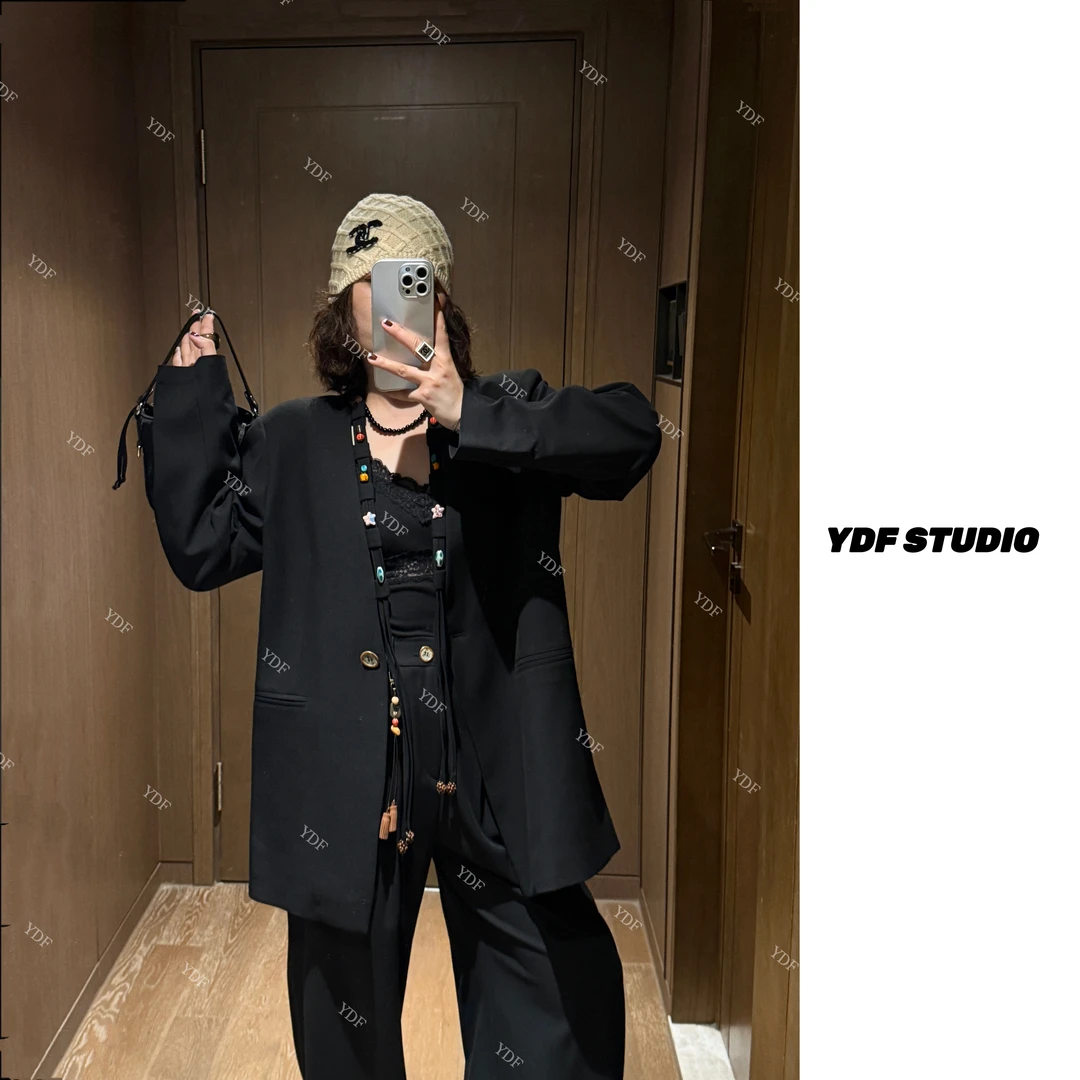 YDFSTUDIO小众【西装磁场】欧货早秋高品彩扣拼接设计时尚西装外套