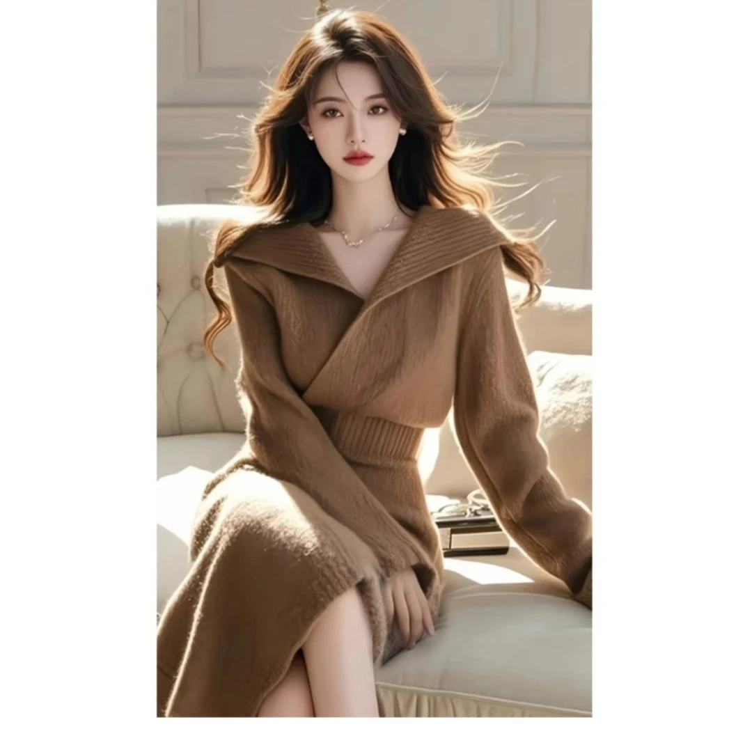 气质感休闲名媛毛衣套装女翻领上衣半身裙两件套2025秋季新款女装