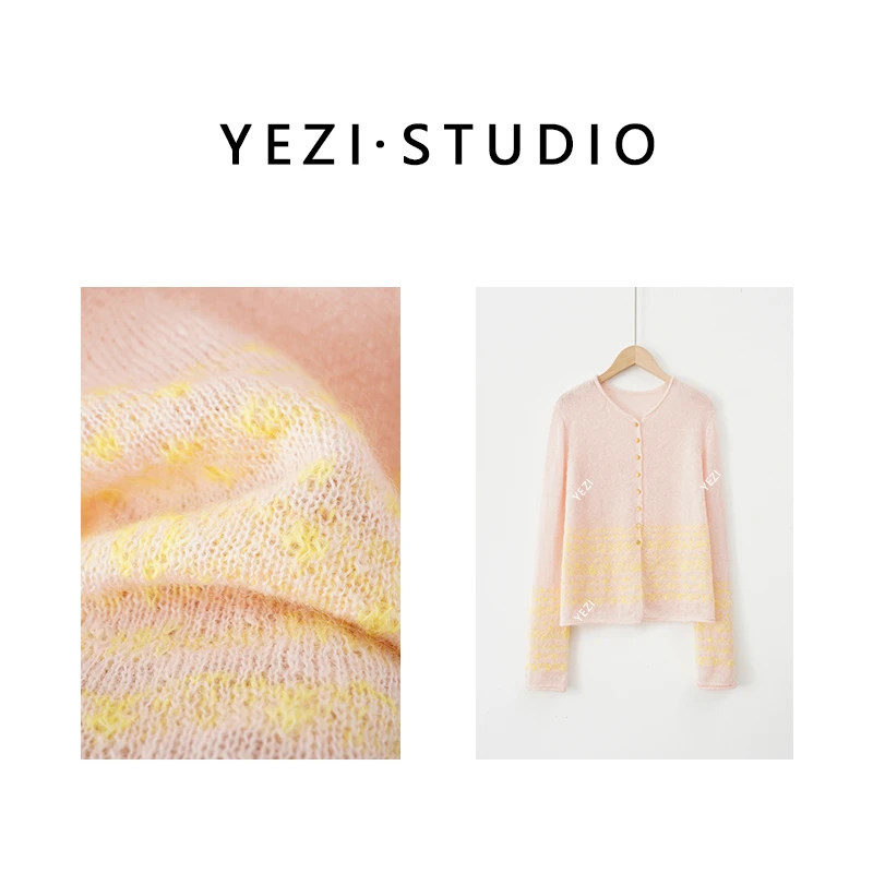 叶子定制【粉色山茶】马海毛粉色提花针织开衫24419703-11/9