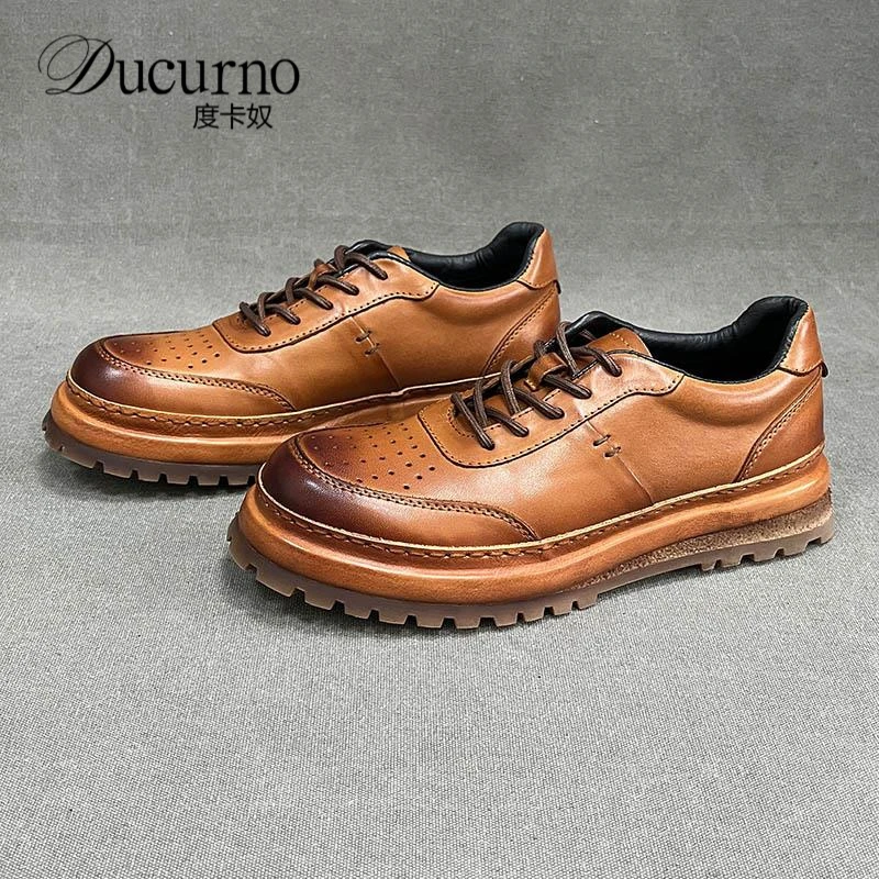 休闲皮鞋男士复古潮鞋秋季百搭个性做旧低帮男鞋欧美潮流高端板鞋
