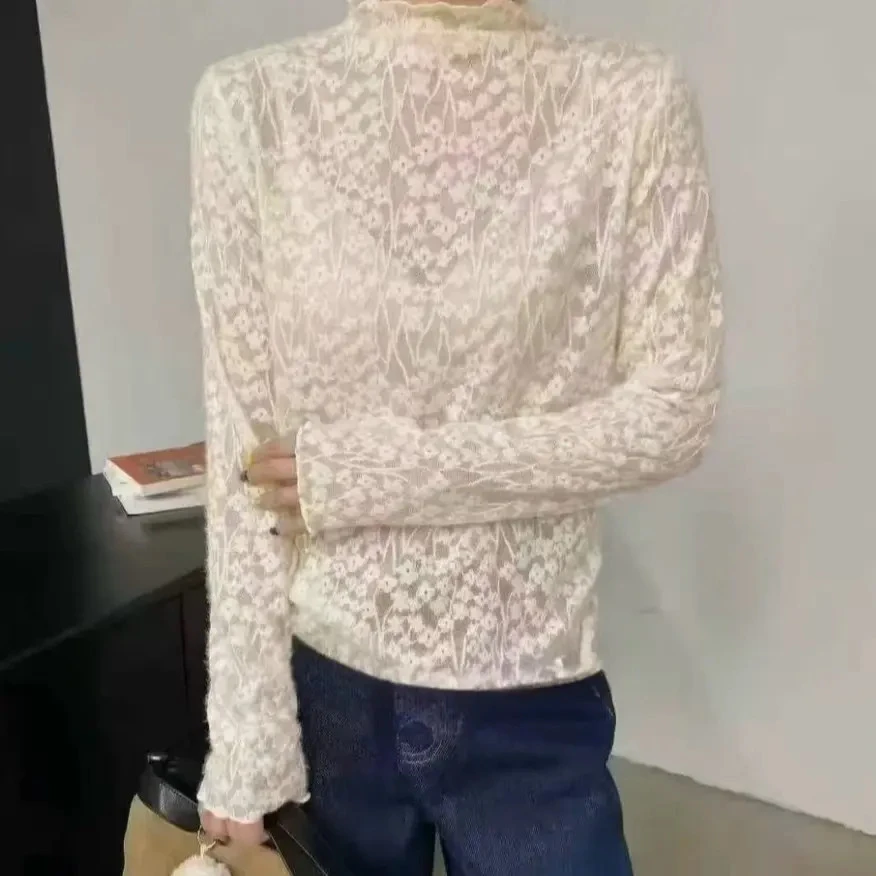 8008#法式纯欲风蕾丝磨毛打底衫