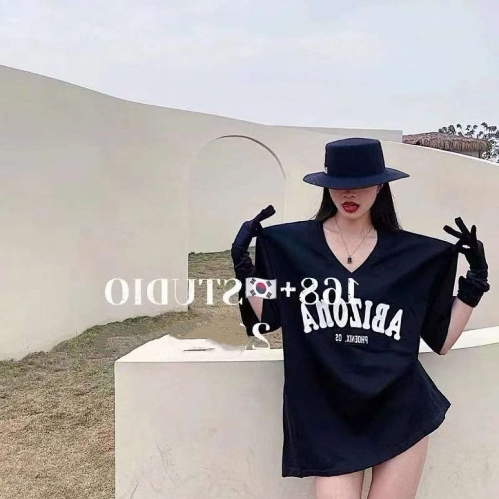 大码宽松休闲中长款V领大领口字母印花短袖T恤上衣女夏季