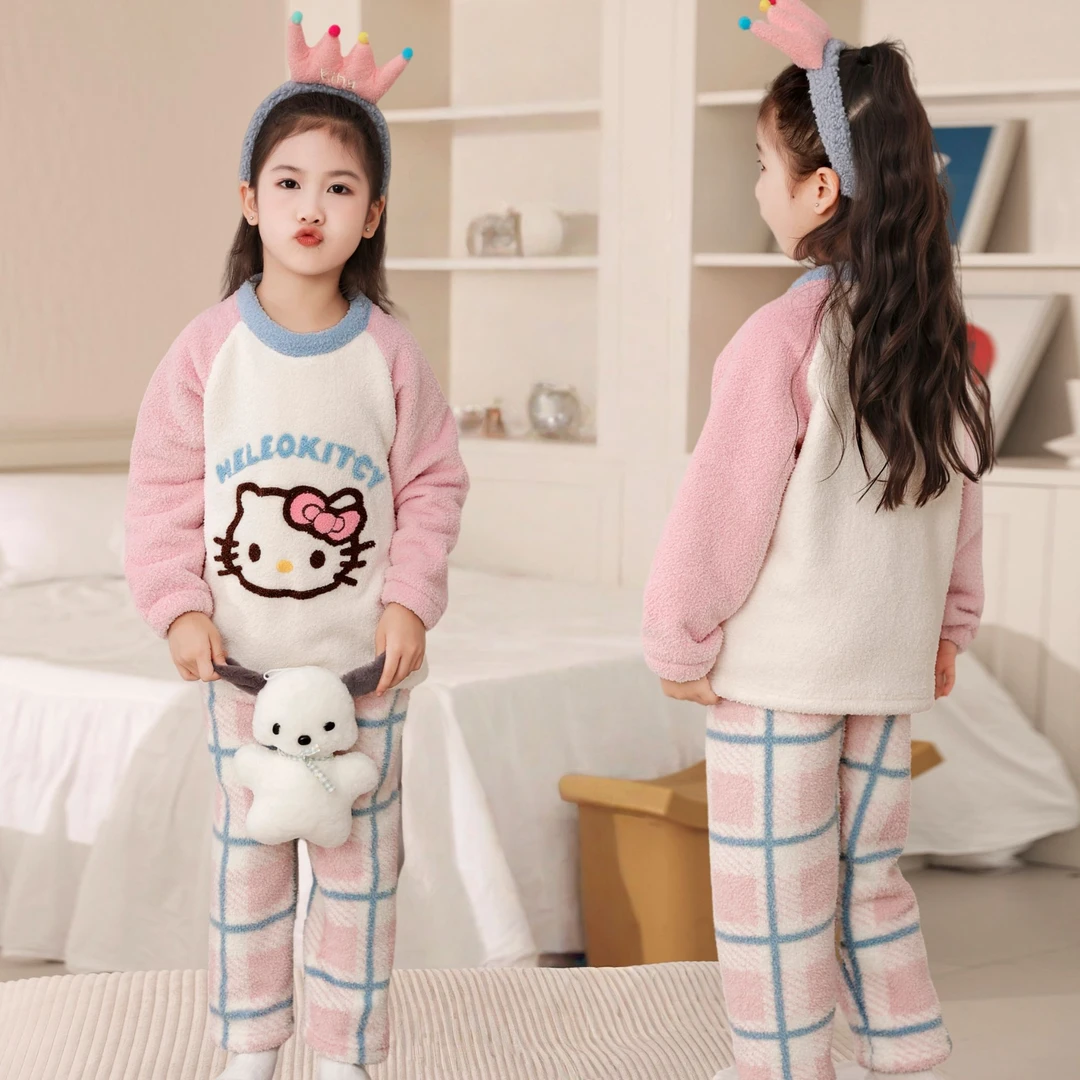 亲子装儿童冬季睡衣新款女大童秋冬保暖半边绒家居服女孩加绒睡衣