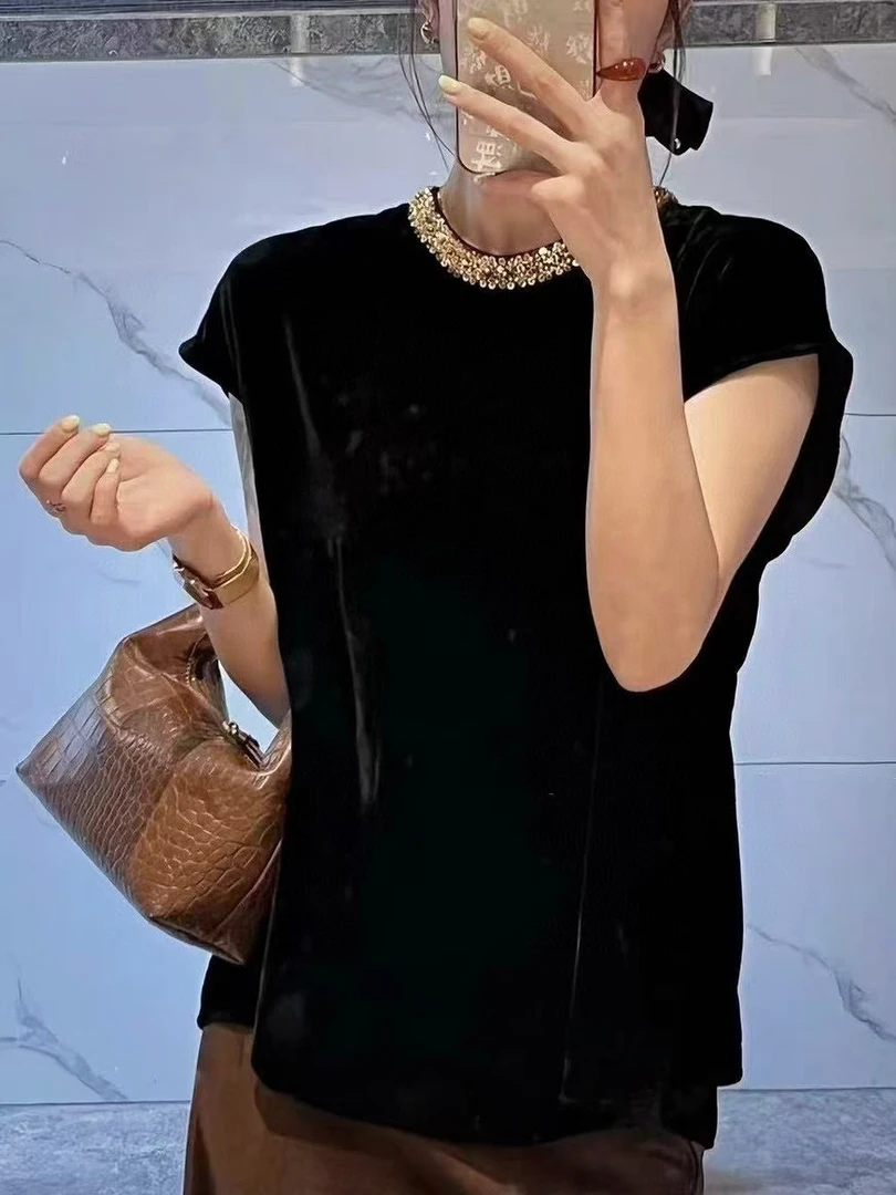 夏季新中式真丝丝绒短袖汉服女士烫钻显瘦女装重工网红复古