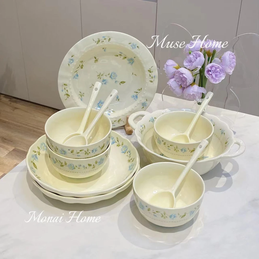 【12件套】奶油风兰铃花双耳汤碗米饭碗圆盘深盘套装陶瓷餐具碗勺