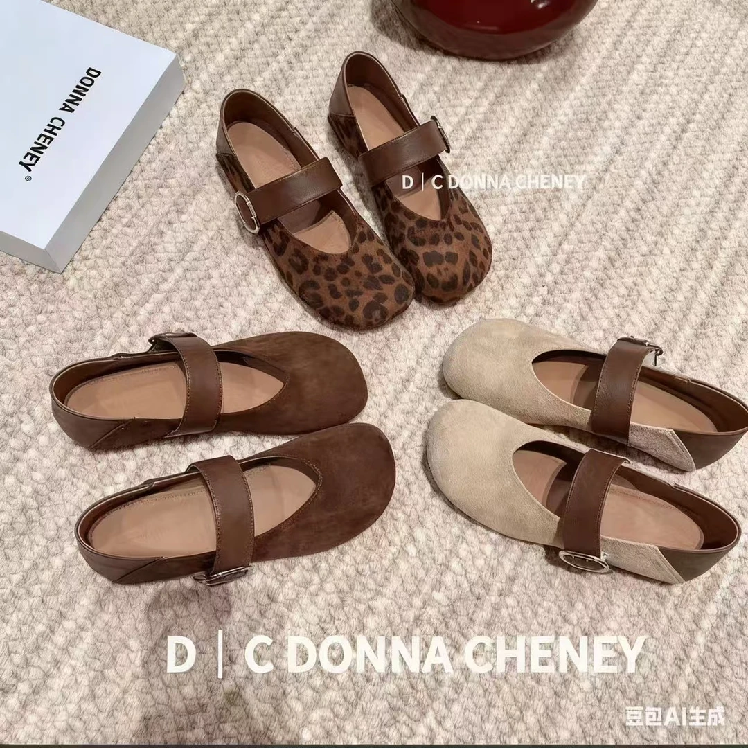 韩版绒面一字带豹纹玛丽珍鞋女2025秋季复古内增高软底浅口单鞋