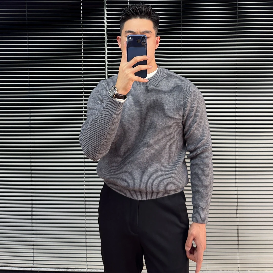 男士冬季圆领针织衫保暖纯色线衣潮流帅气毛衣半高领秋季简约韩版