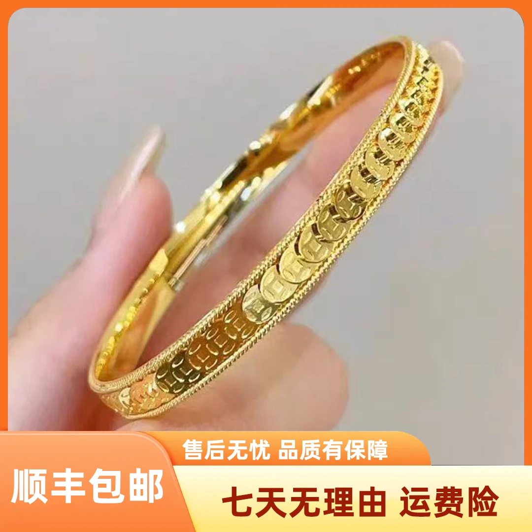 足银手镯 手镯简约女款气质经典时尚百搭实心传承古法钱币手镯