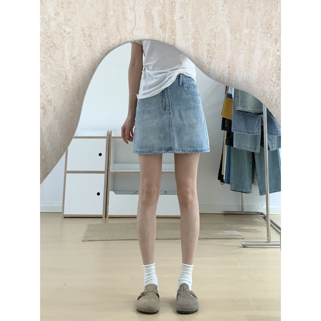 刺绣高腰牛仔短裙女2025夏季新款防走光带内衬百搭A字显瘦包臀裙