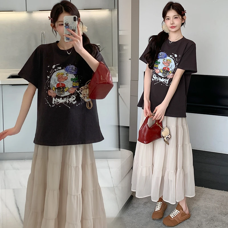 孕妇半身裙夏季套装2025新款孕期洋气穿搭上衣抽绳蛋糕裙两件套女