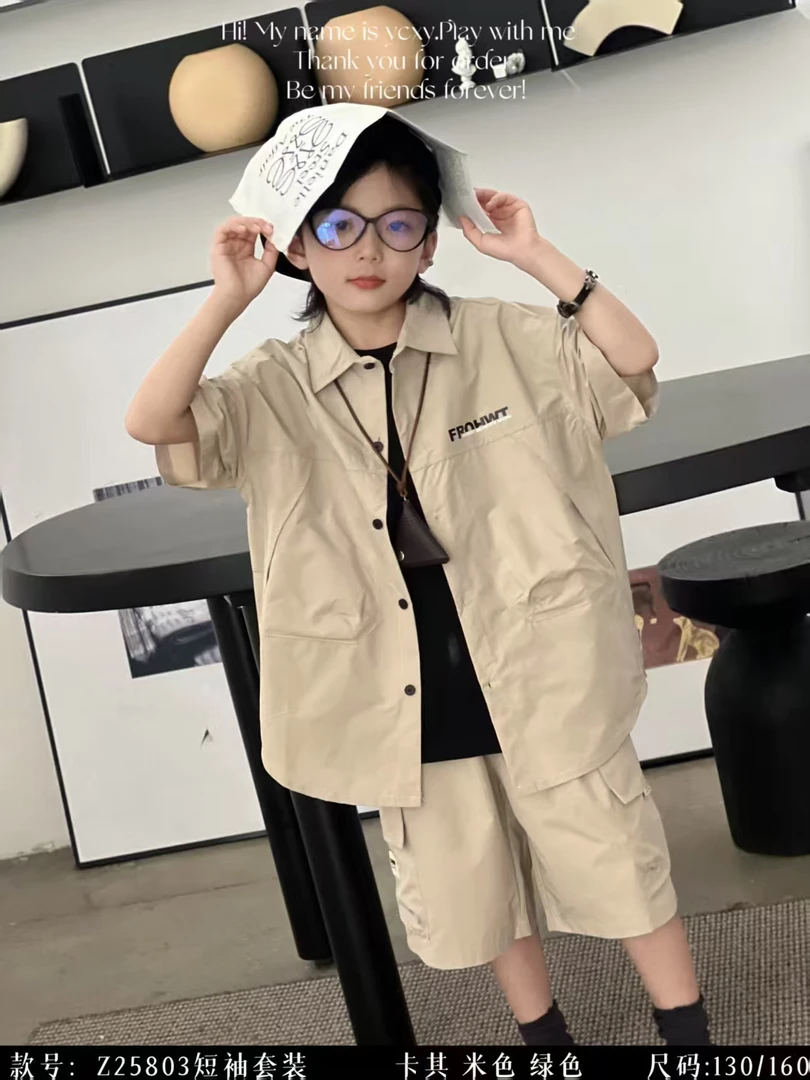 （LAOHE）TZ-25803 卡其色 夏款男童女童夏季牛仔韩版套装时尚运动