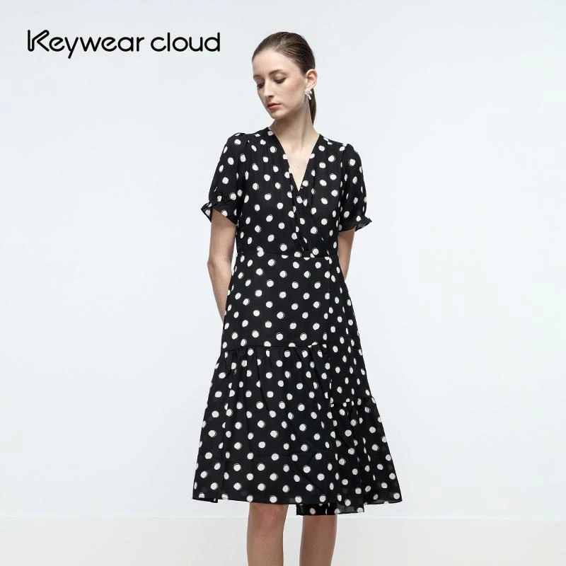 Keywearcloud奇威秋冬魅力波点中长裙好打理复古风气质短袖连衣裙